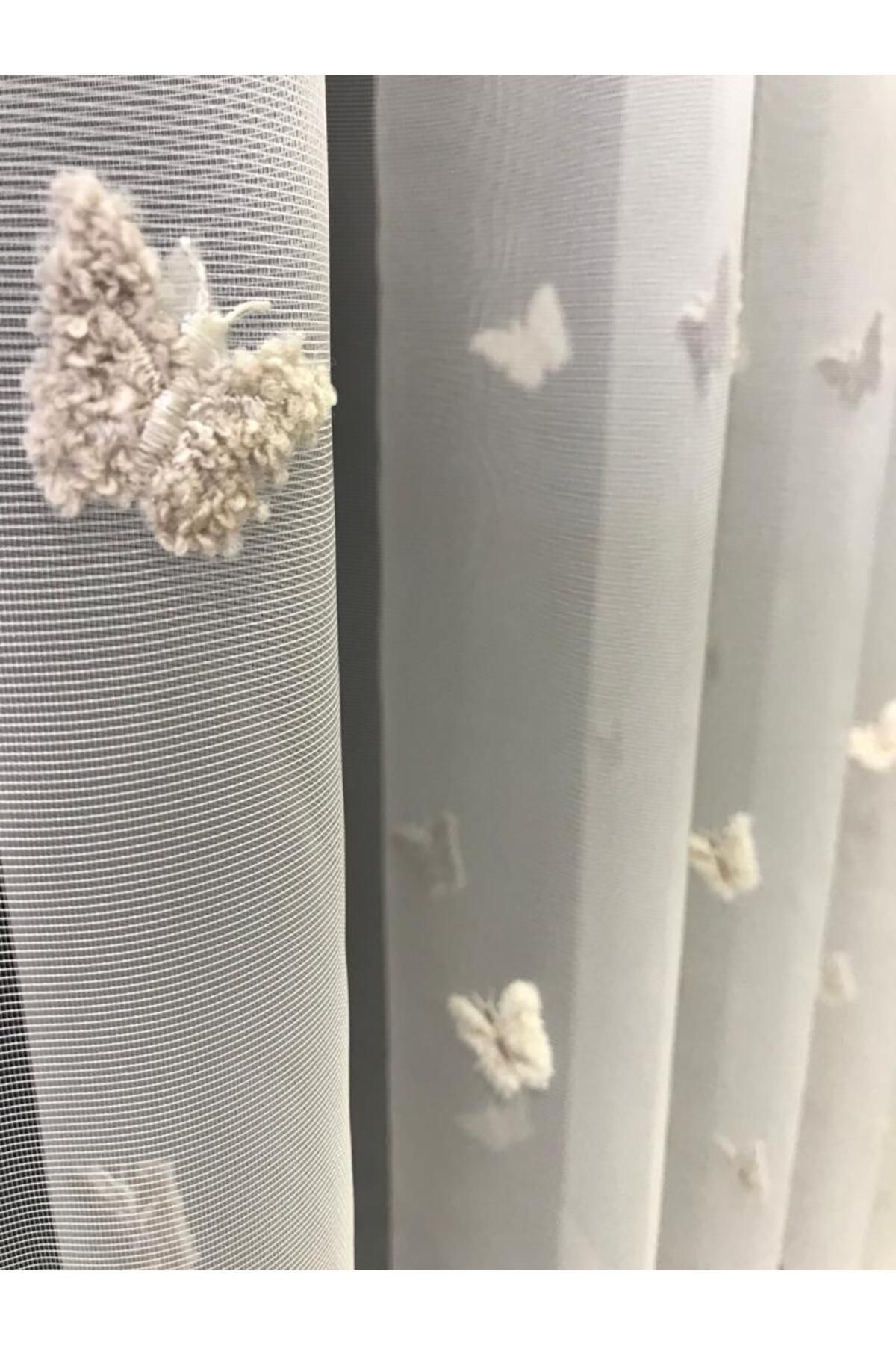 özdeğer home kelebek tül perde krem taş renkler nakış işleme kelebek tül perde çocuk odası perdesi salon perdesi