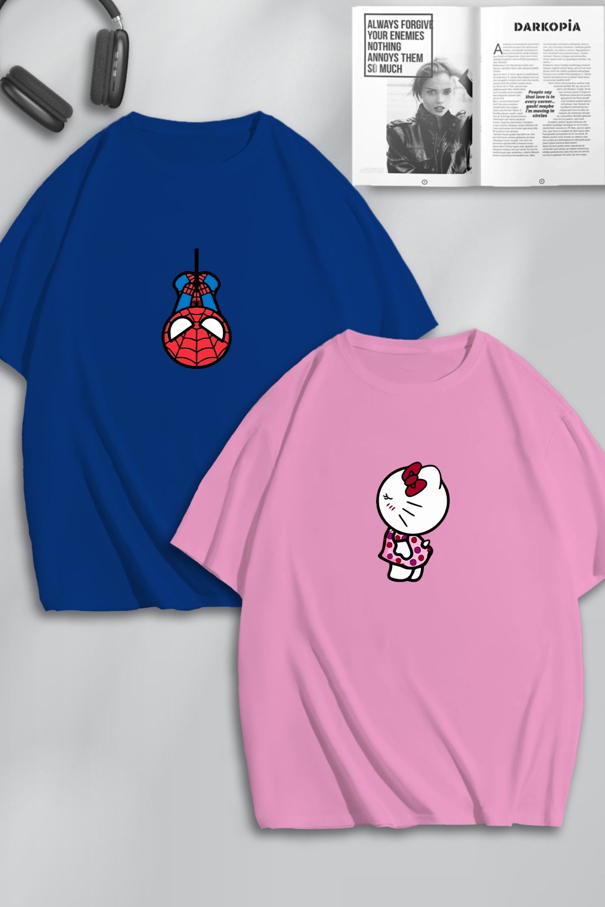 darkopia Unisex Kadın Erkek Hello Kitty Spiderman Baskılı Sevgili Çift Kombini Tasarım Oversize Tshirt 2'li