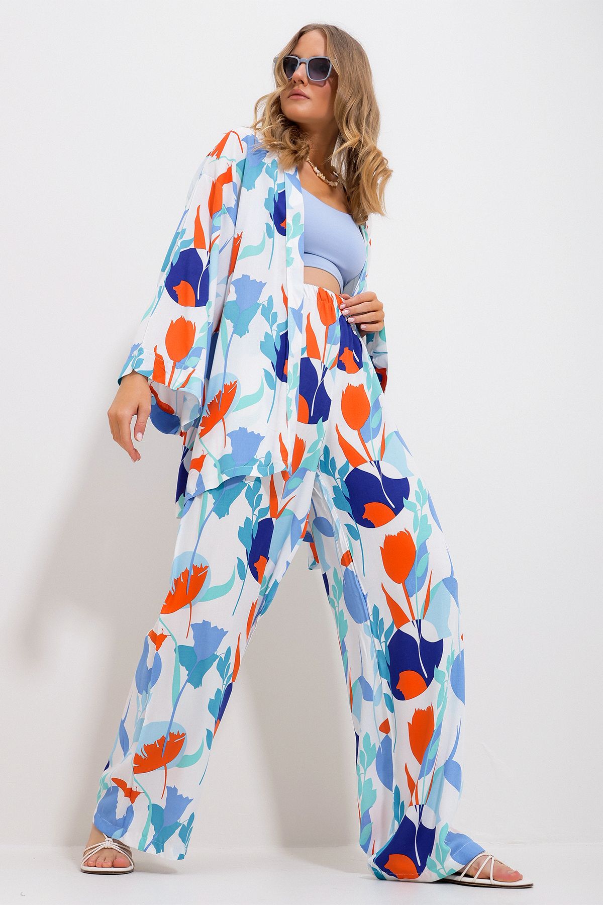 Trend Alaçatı Stili Kadın Mavi Kimono Ceket Ve Palazzo Pantolon Takım Alc-X11750