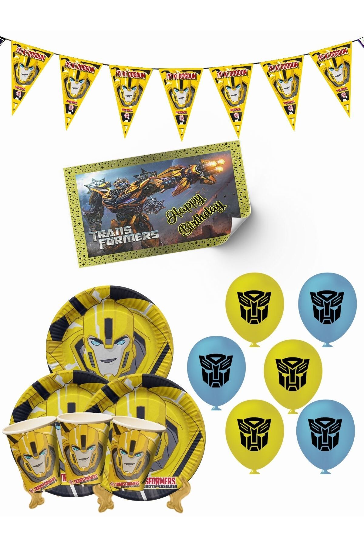 transformers Bumblebee Bayraklı Ve Afişli 8 Kişilik Doğum Günü Parti Malzemeleri Süsleri Seti Mxst
