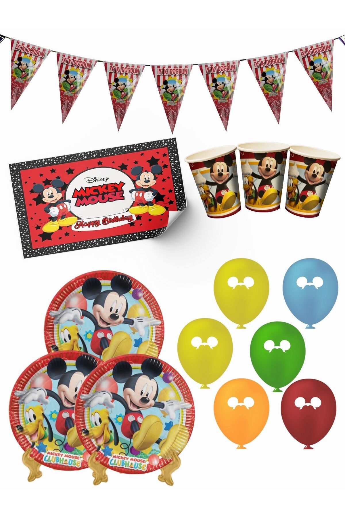 Mickey Mouse Bayraklı ve Afişli 40 Kişilik Doğum Günü Parti Malzemeleri Süsleri Seti MXST