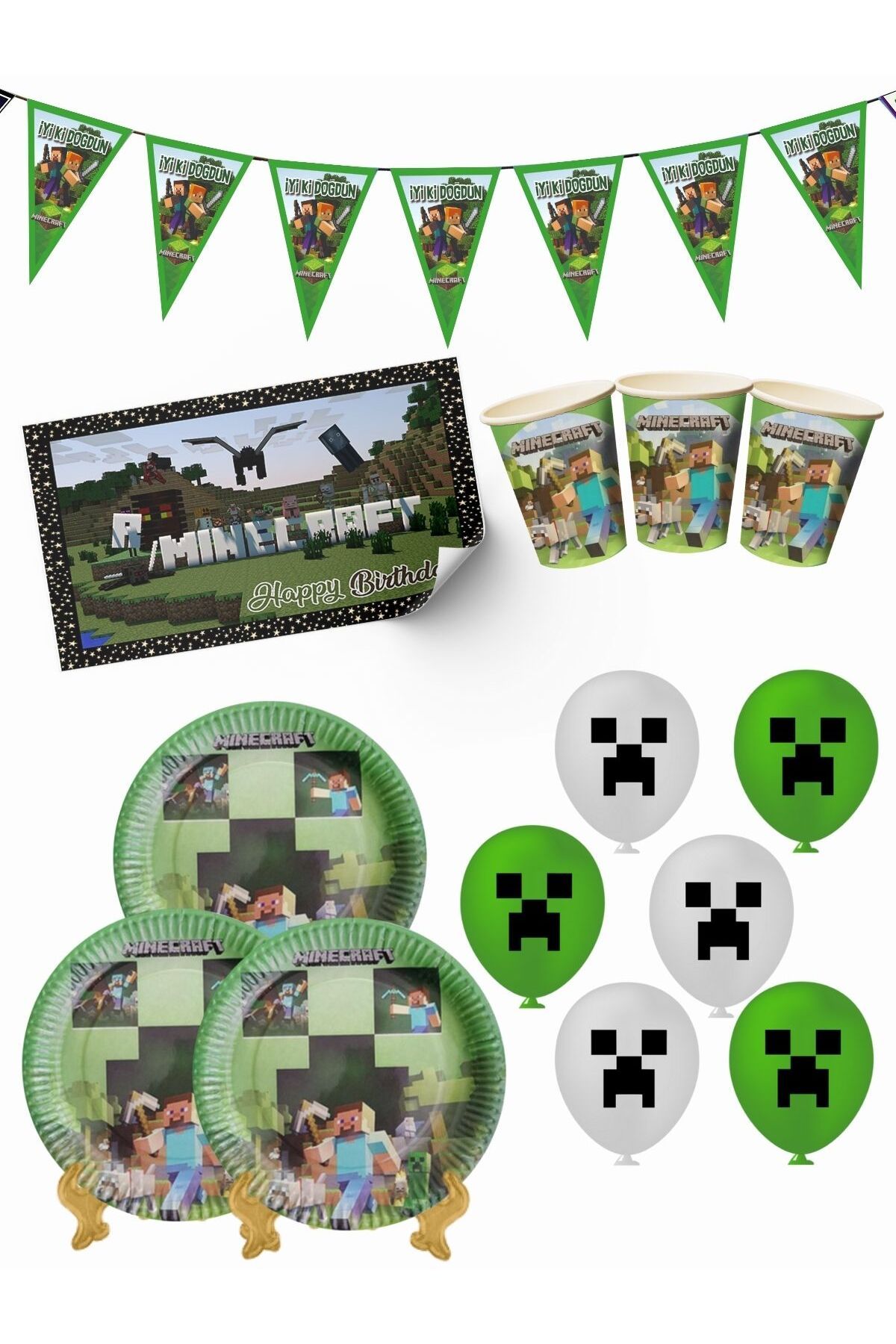 Minecraft Bayraklı ve Afişli 32 Kişilik Doğum Günü Parti Malzemeleri Süsleri Seti MXST