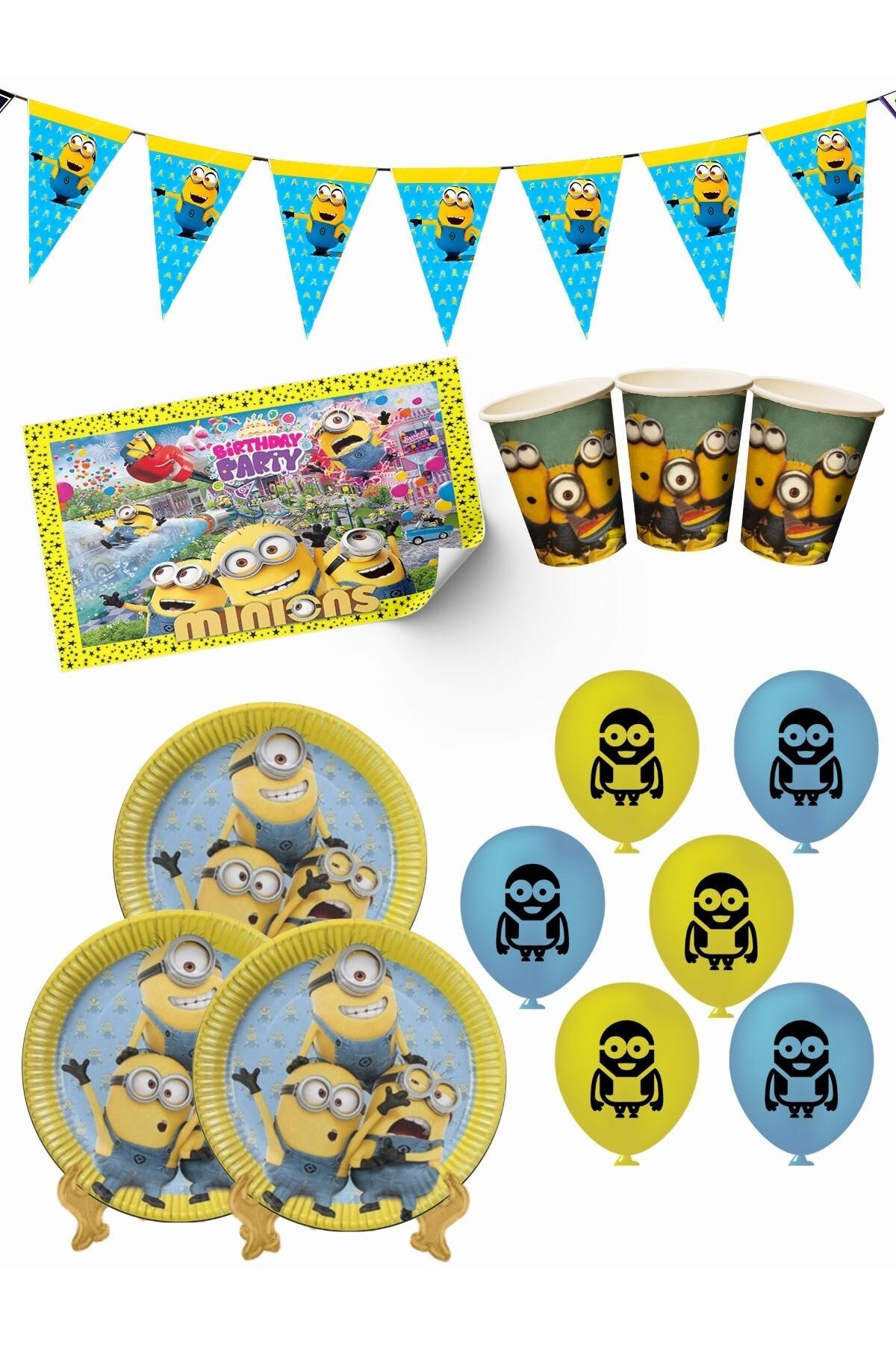 Minions Bayraklı ve Afişli 24 Kişilik Doğum Günü Parti Malzemeleri Süsleri Seti MXST