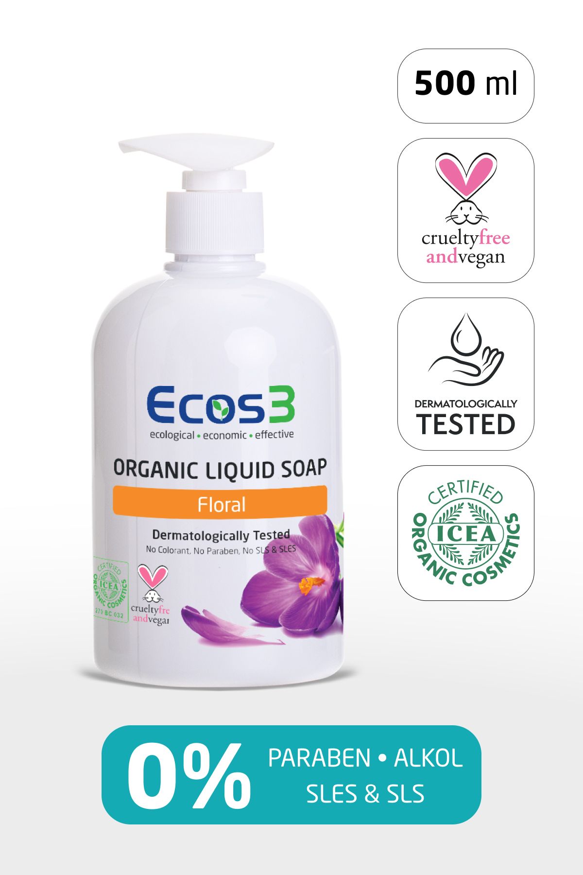 Ecos3 Sıvı Sabun, Organik & Vegan Sertifikalı, Ekolojik, Hipoalerjenik, Floral, 500ml