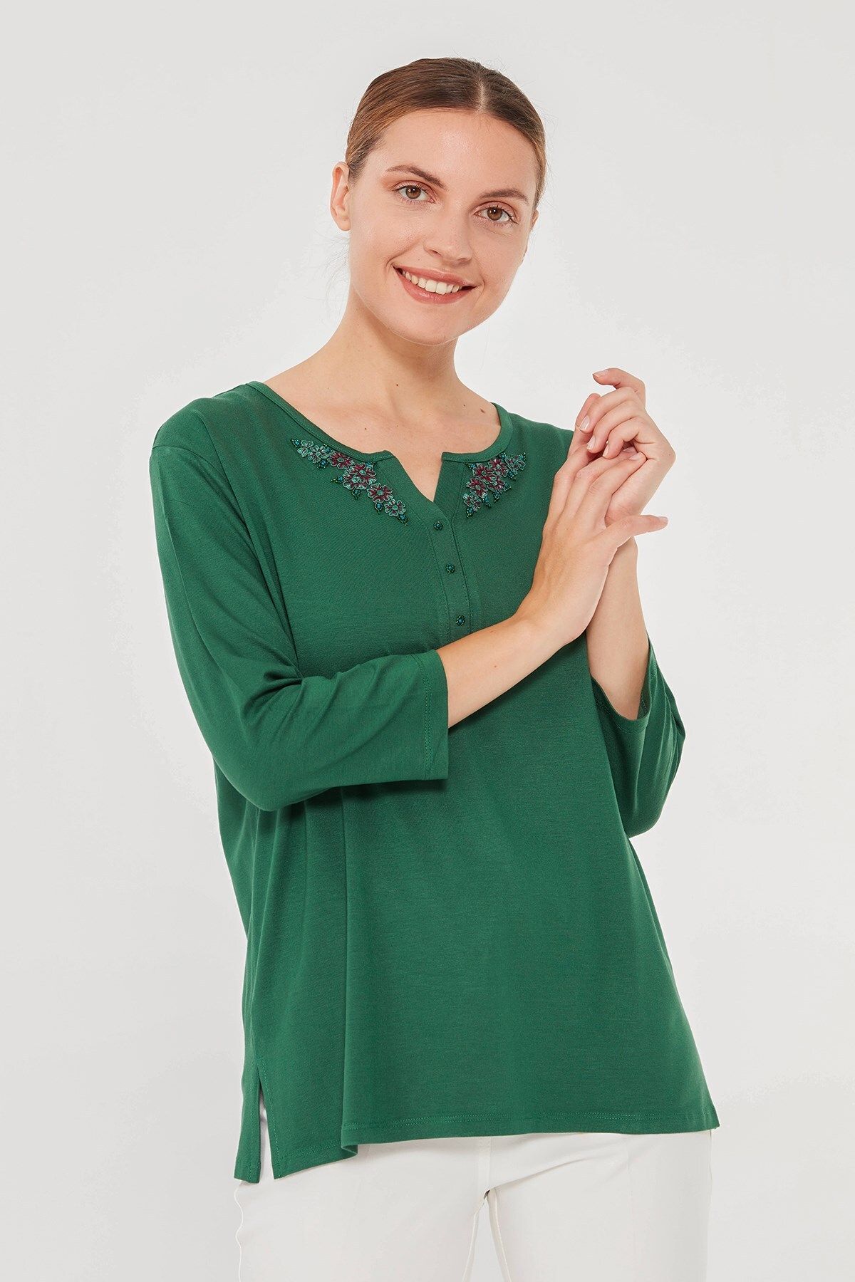 Desen Triko Kadın Truvakar Kol I?şlemeli Bluz Yeşil
