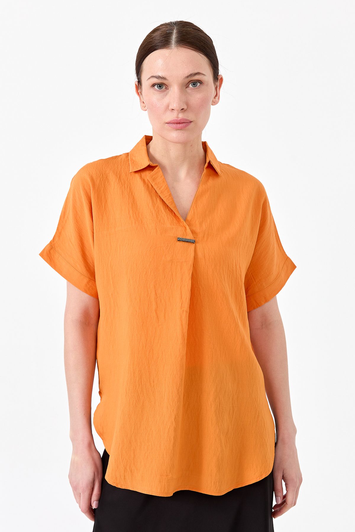 Desen Triko Kadın Önü Tokalı Bluz Oranj