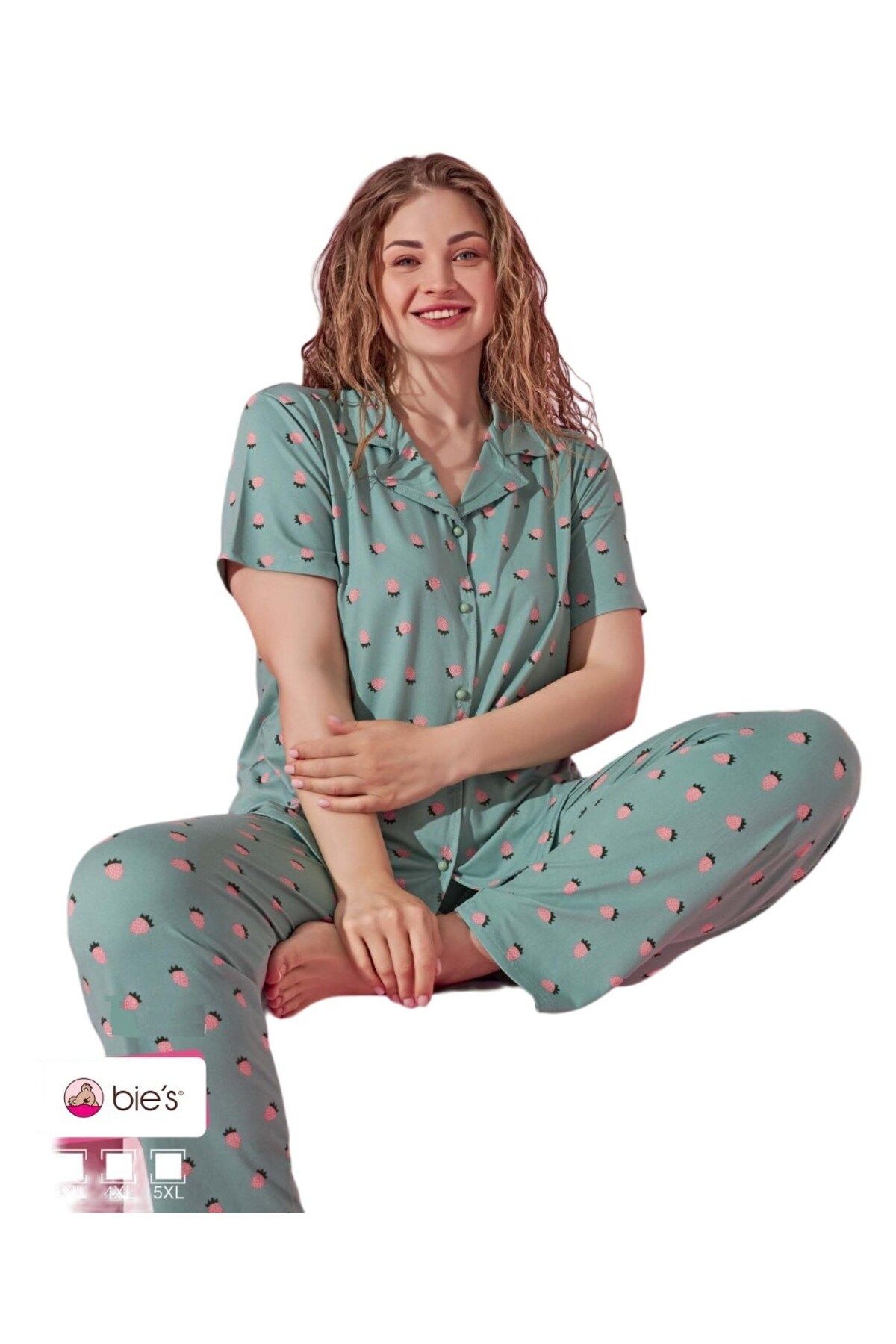 bie's Yeşil Pembe Çilek Düşük Kol Önden Düğmeli Kısa Kol Viskon Gömlek Yaka Büyük Beden Pijama Takımı