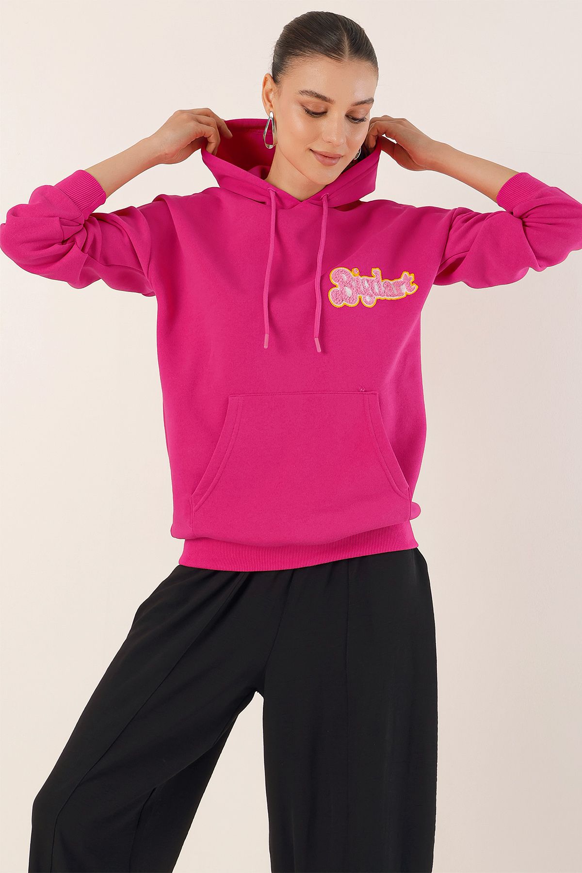 Bigdart 55424 Nakışlı Oversize Sweatshirt - Fuşya