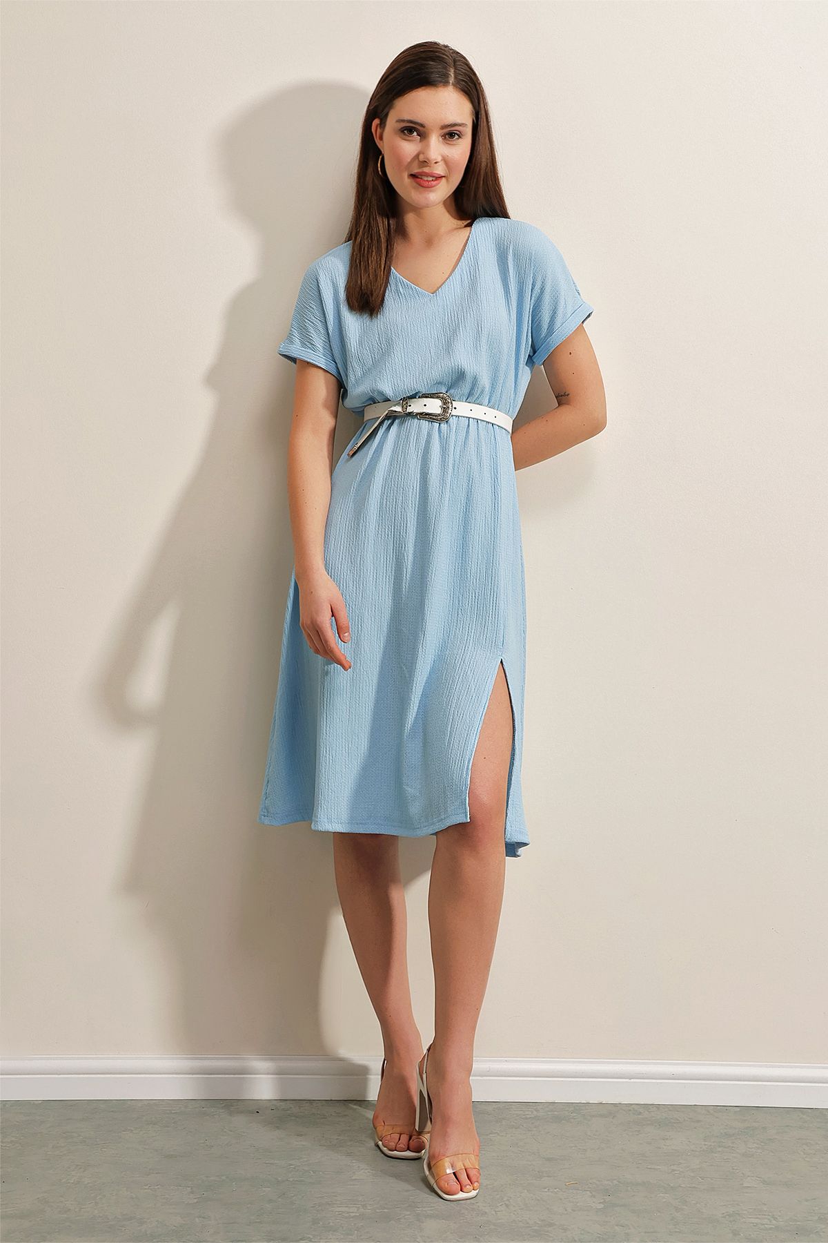 Bigdart 2378 V Yaka Yırtmaçlı Örme Elbise - Mavi