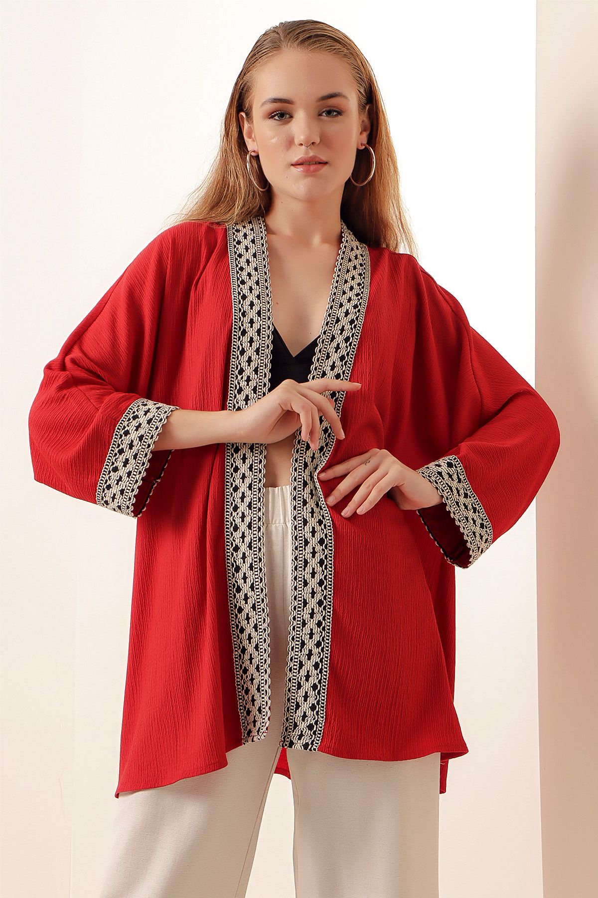 Bigdart 05866 Nakışlı Örme Kimono - Kırmızı