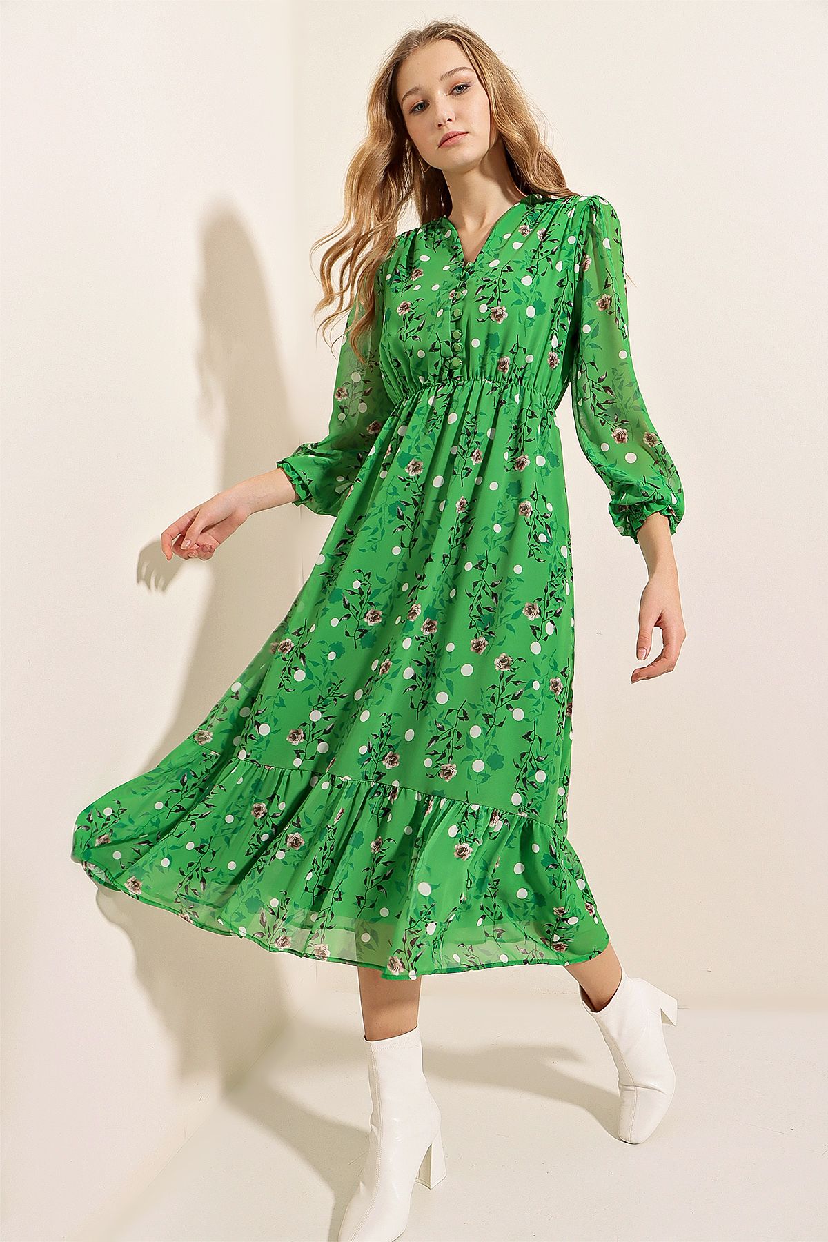 Bigdart 2137 Desenli Şifon Elbise - Yeşil