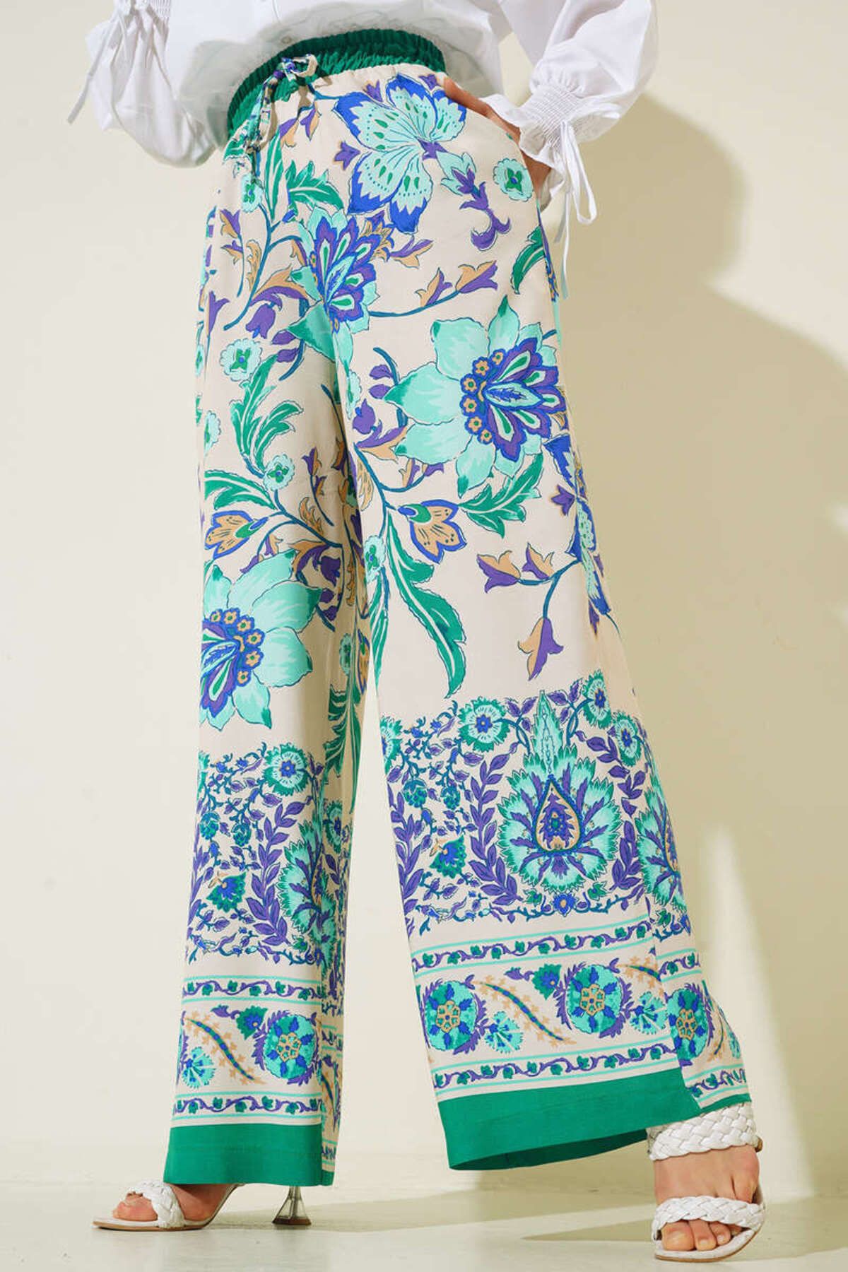 Bigdart 6617 Renkli Desenli Salaş Pantolon - Yeşil