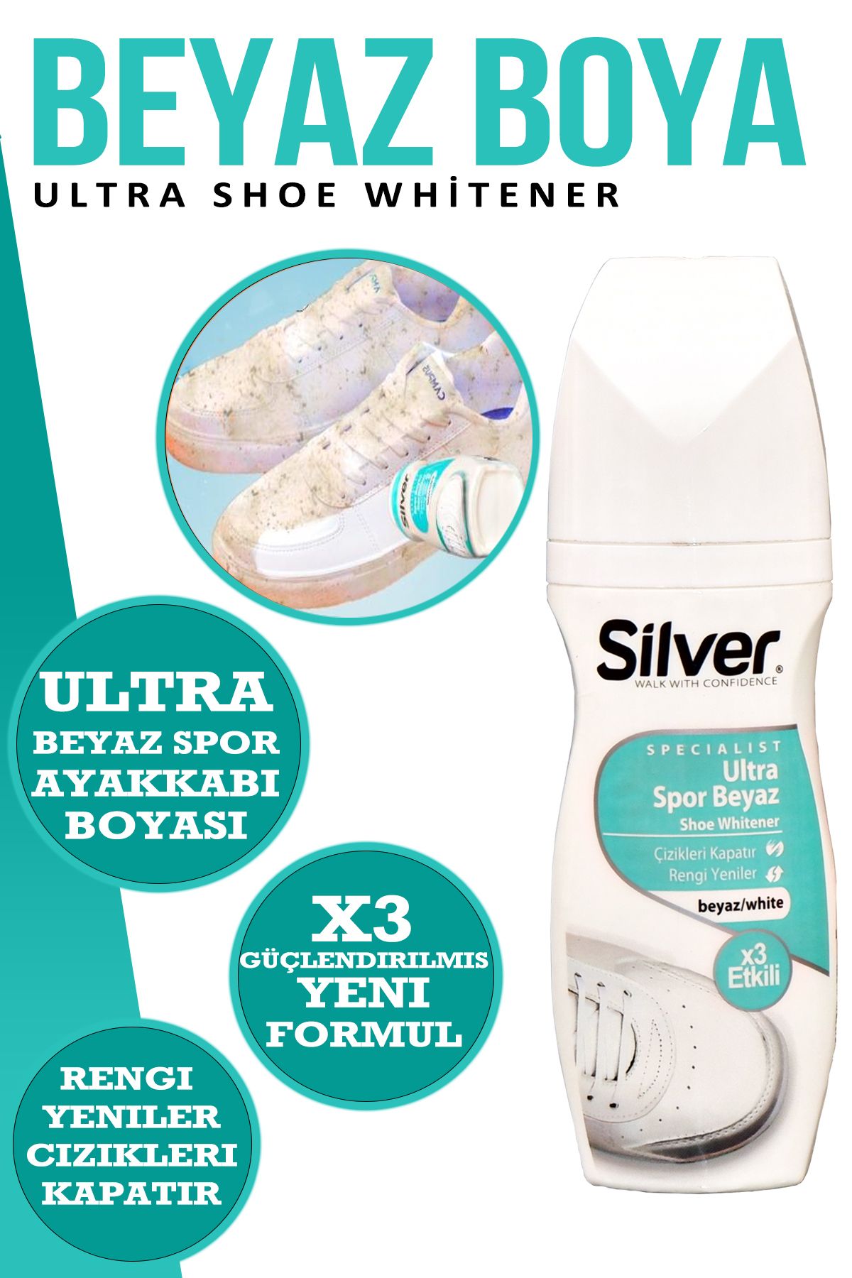 Silver X3 Etkili Güçlendirilmiş Ultra Beyaz Spor Bez Ve Kumaş Likit Ayakkabı Boyası 75 ml