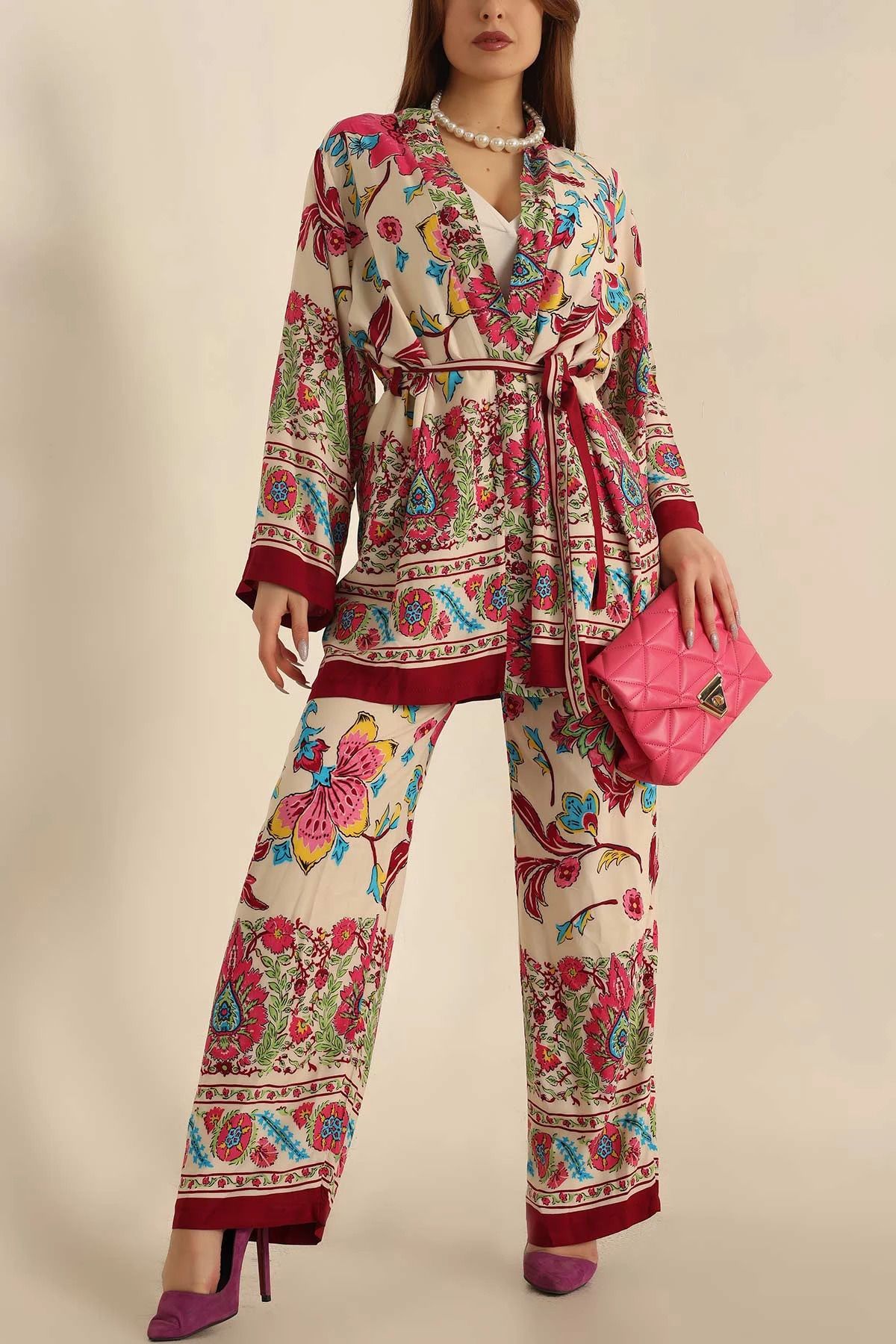 VıoShıne Kadın Bağlamalı Viskon Kimono Takım