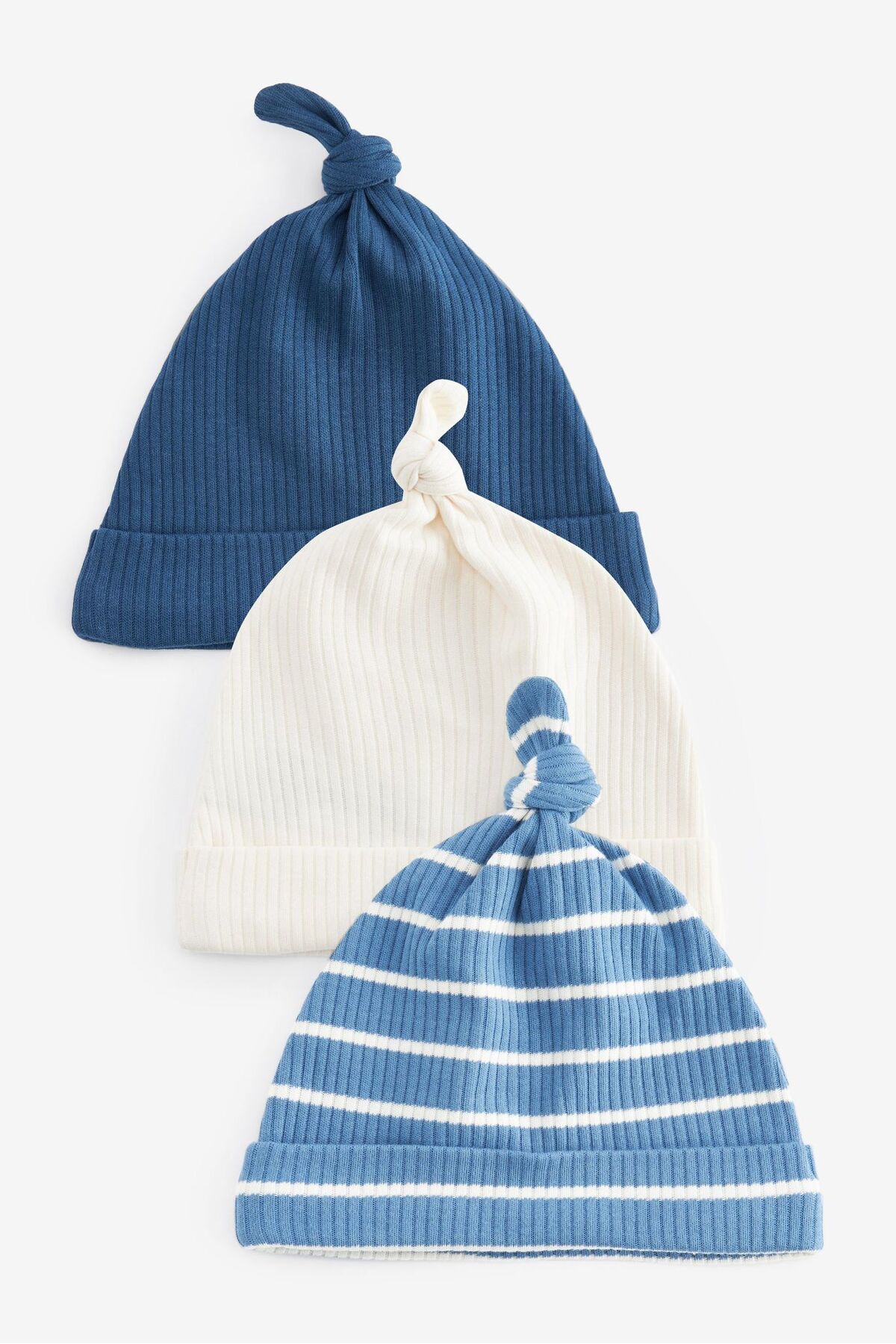 Next Baby % 100 Pamuklu Blue Cream Çizgili 3'lü Yenidoğan Bebek Şapka