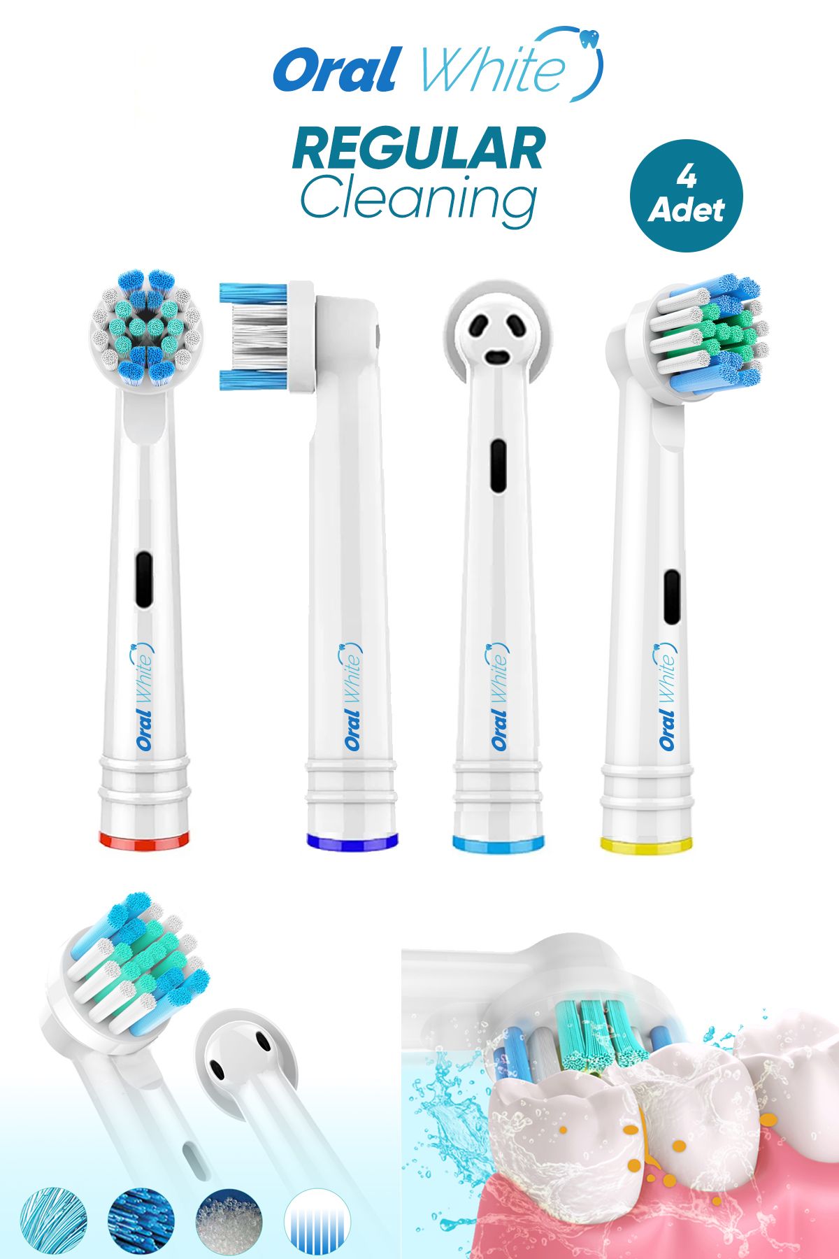 Oral White Regular Cleaning Oral-b Uyumlu 4 Adet Yedek başlık