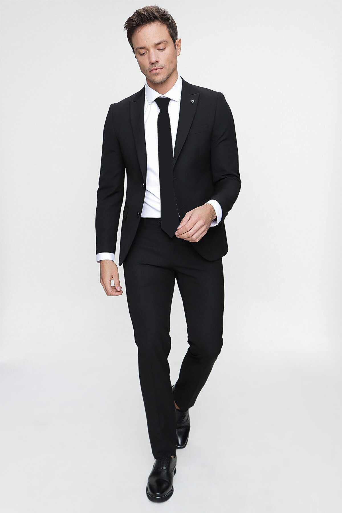 Morven Erkek Siyah Basic Düz Slim Fit 3'lü Takım Elbise Slim Fit Gömlek Düz Kravat