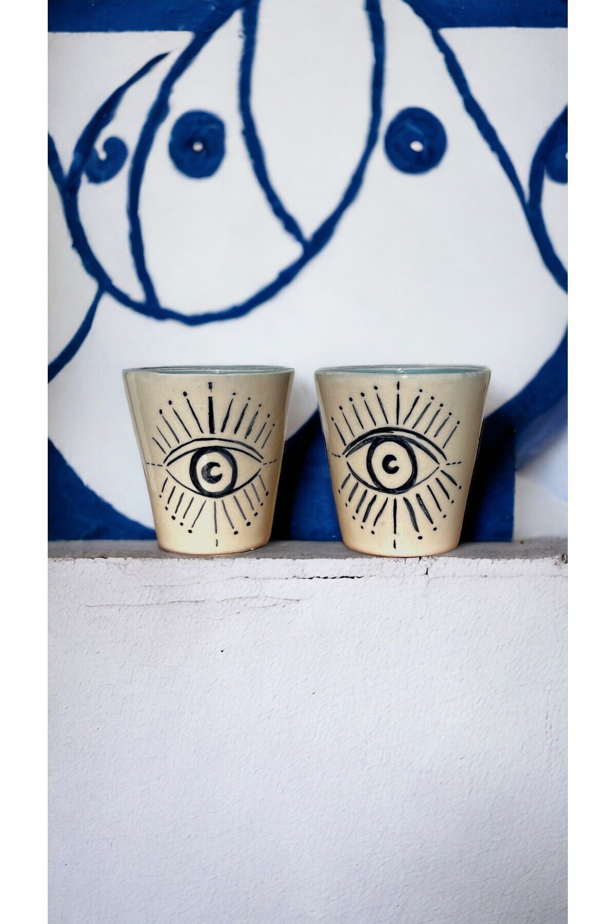 Juno Ceramic Studio Lacivert Göz Desenli Nazar Mavili El Yapımı Stoneware Seramik 2li Bardak Kahve Espresso Fincanı Seti