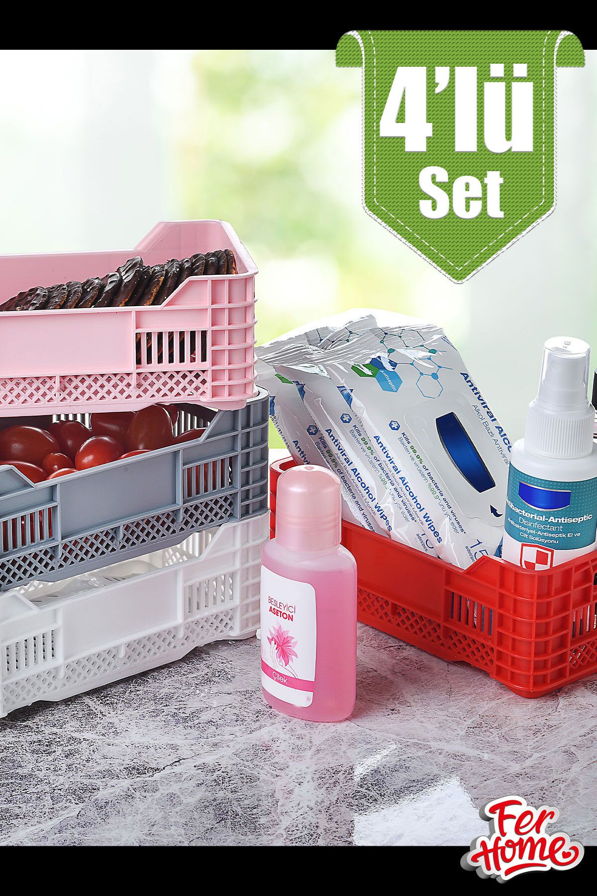 FERHOME Çok Amaçlı Mini Plastik Kasa Sepet 4’lü Set Mutfak Banyo Çekmece Içi Düzenleyici Organizer