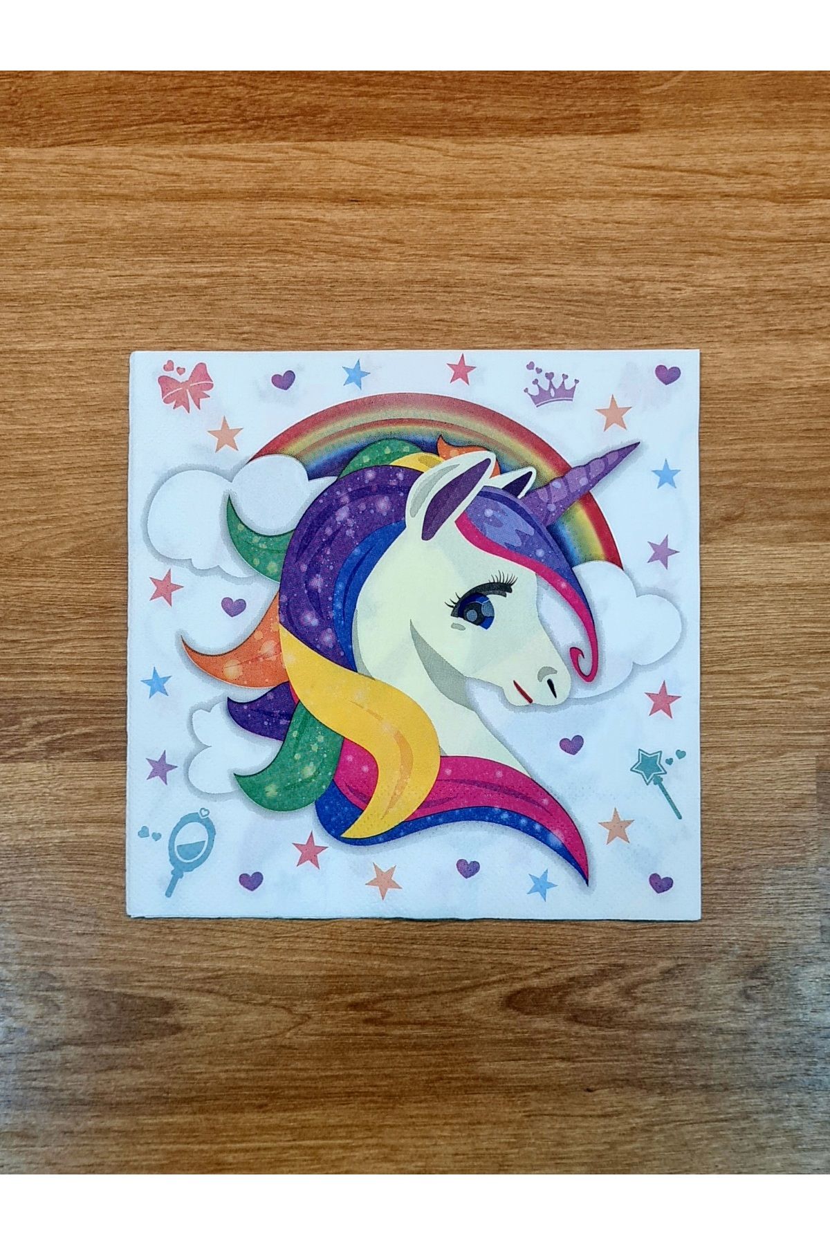 merni Unicorn Boynuzlu At Gökkuşağı Yıldız Desenli Renkli Baskılı Kağıt Peçete 32x32 cm 8 Adet