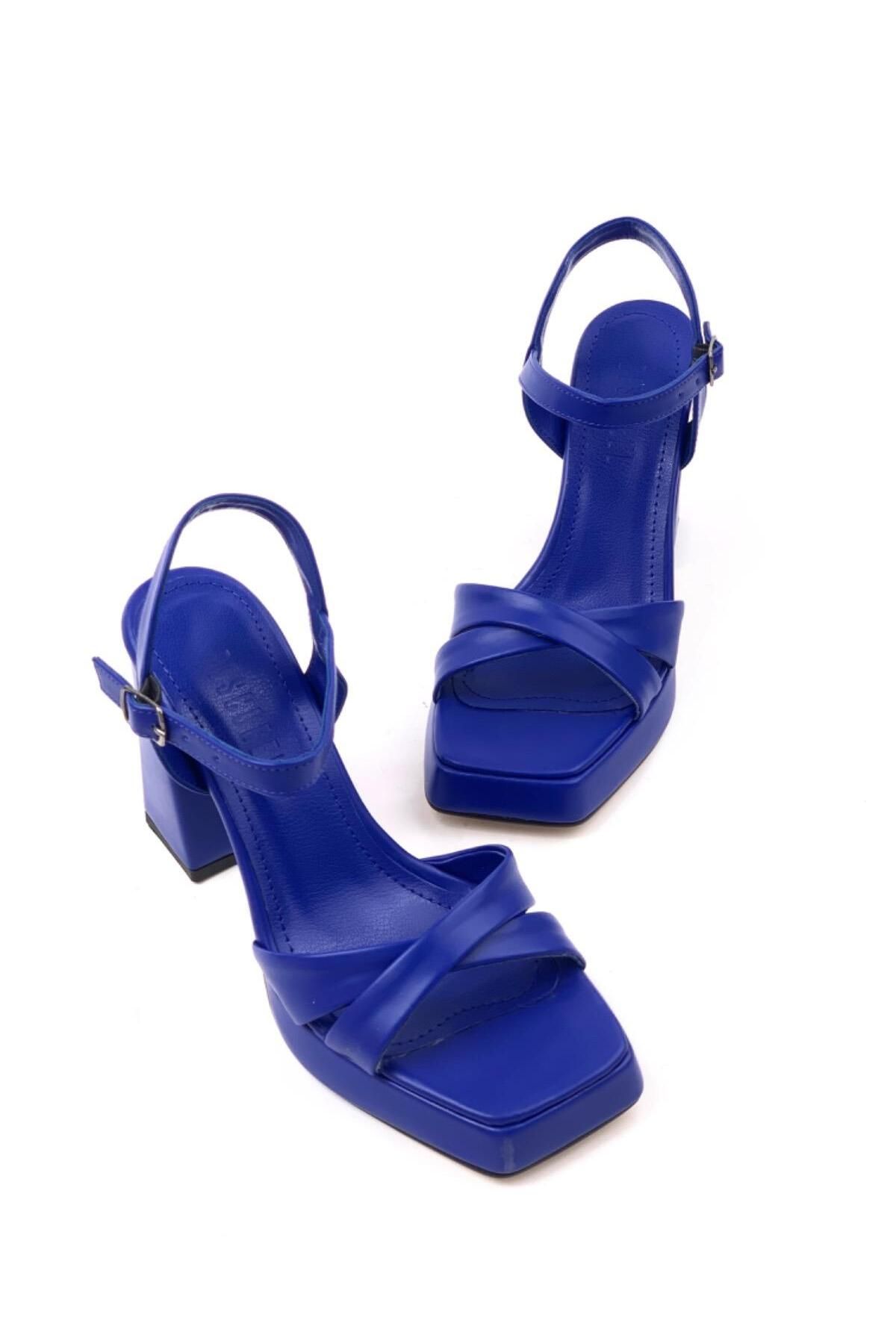 mayahobby Kadın Rosd Mavi Tek Platform Yüksek Topuk Çapraz Bantlı Ayakkabı Sandalet