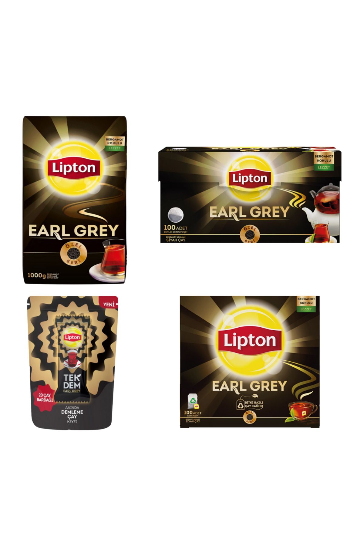 Lipton Earl Grey Serisi (Dökme 1000 gr + Demlik 100lü + Bardak 100lü + Tek Dem 10lu)