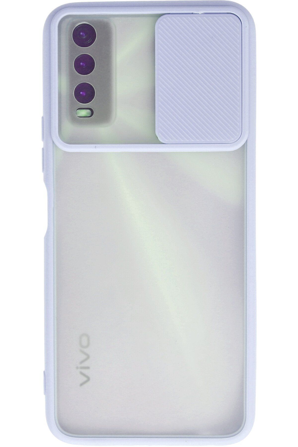 cepmoda Vivo Y20 Lila Renk Kamera Sürgülü Telefon Kılıfı - Buzlu Mat Kapak