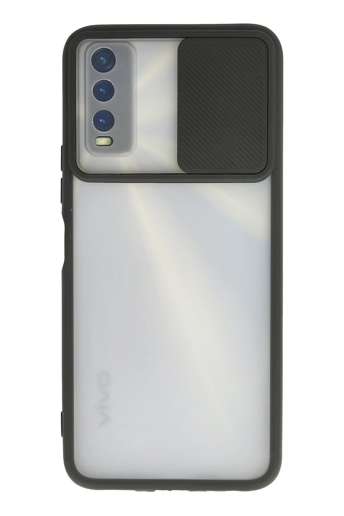 cepmoda Vivo Y20 Siyah Renk Kamera Sürgülü Telefon Kılıfı - Buzlu Mat Kapak