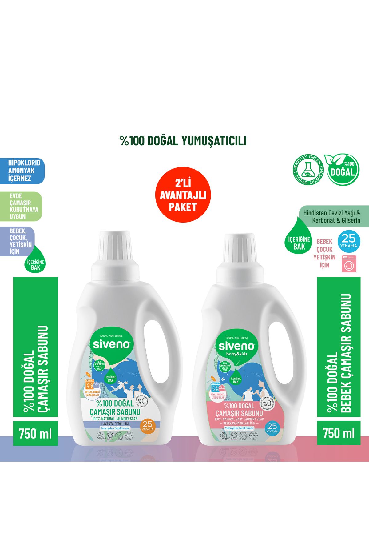Siveno %100 Doğal Çamaşır Sabunu & Bebek Çamaşır Sabunu Yumuşatıcılı Deterjan Konsantre 750 ml Set