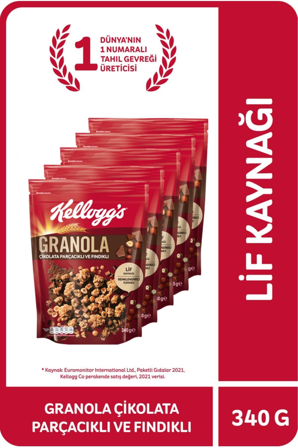Kellogg's Granola Çikolata Parçacıklı Ve Fındıklı 340 gr X 5 Adet, %44 Yulaf, Lif Kaynağı, Kahvaltıl