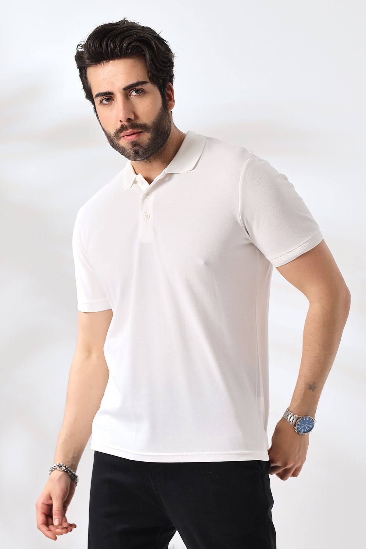 Z GİYİM Erkek Beyaz Polo Yaka Basic Pamuklu Tişört