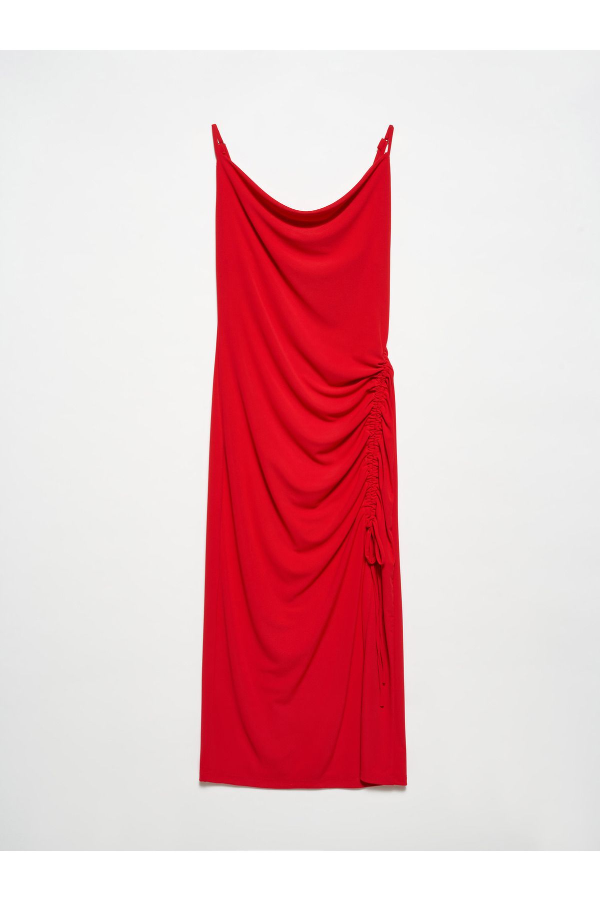 Dilvin 90457 Degaje Yaka Büzgülü Elbise-Kırmızı