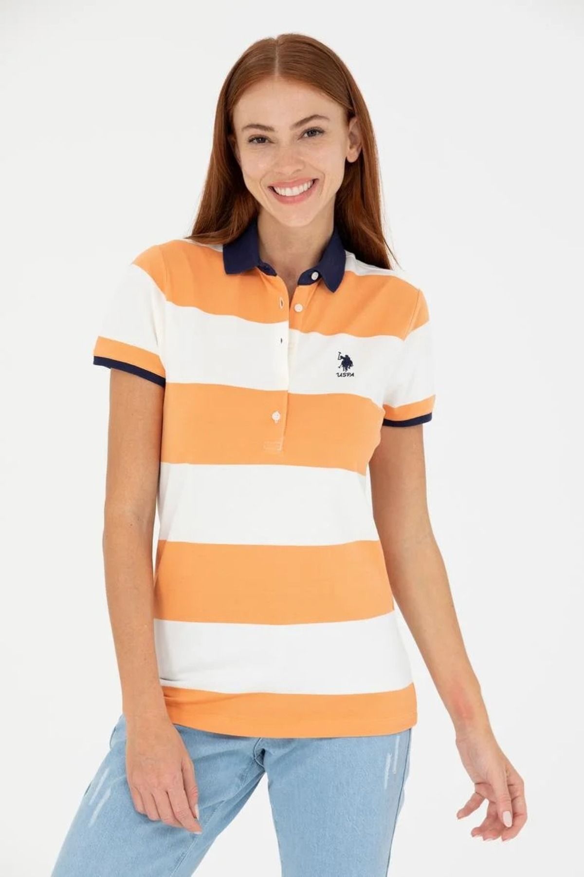 U.S. Polo Assn. Kadın Turuncu Çizgili Polo Yaka T-Shirt
