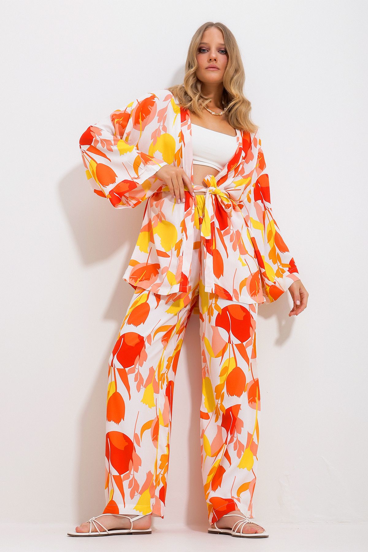 Trend Alaçatı Stili Kadın Turuncu Kimono Ceket Ve Palazzo Pantolon Takım Alc-X11750