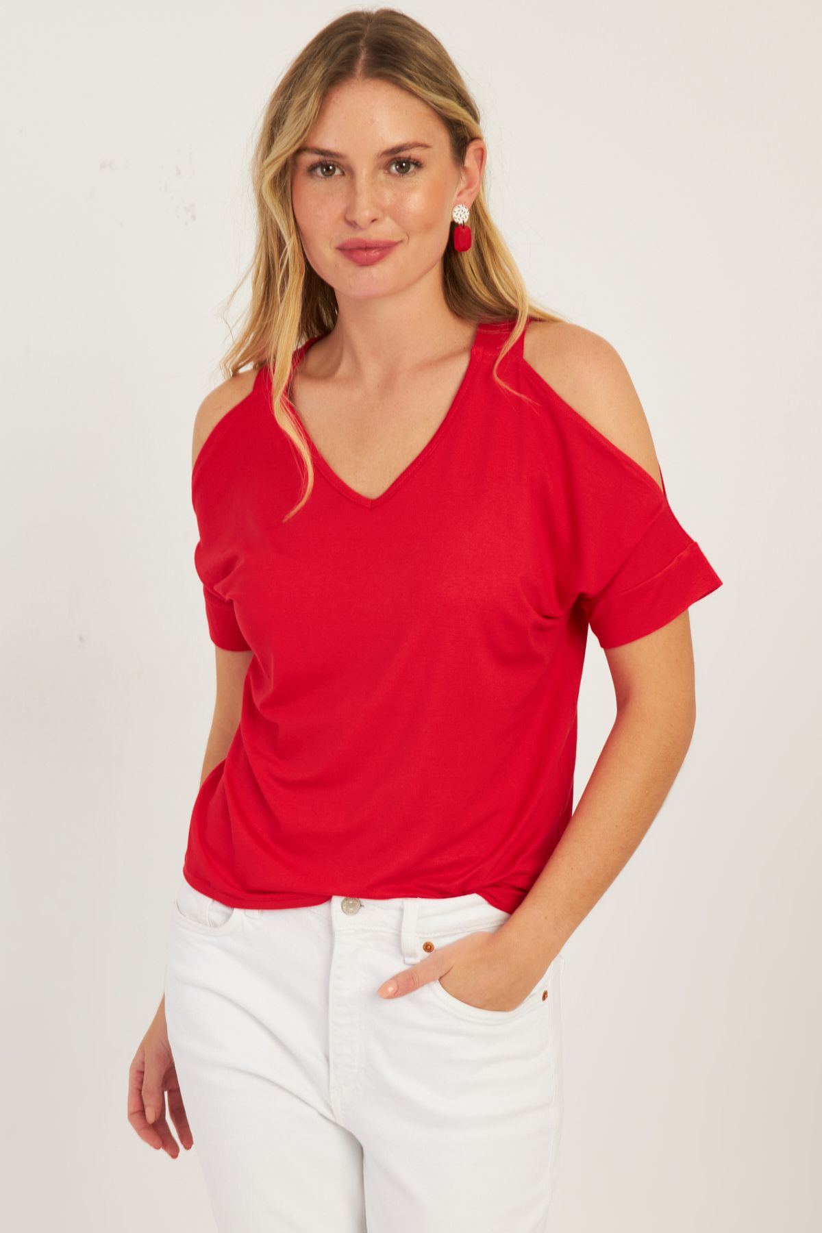 Cool & Sexy Kadın Kırmızı Omuzları Açık Bluz BR1329