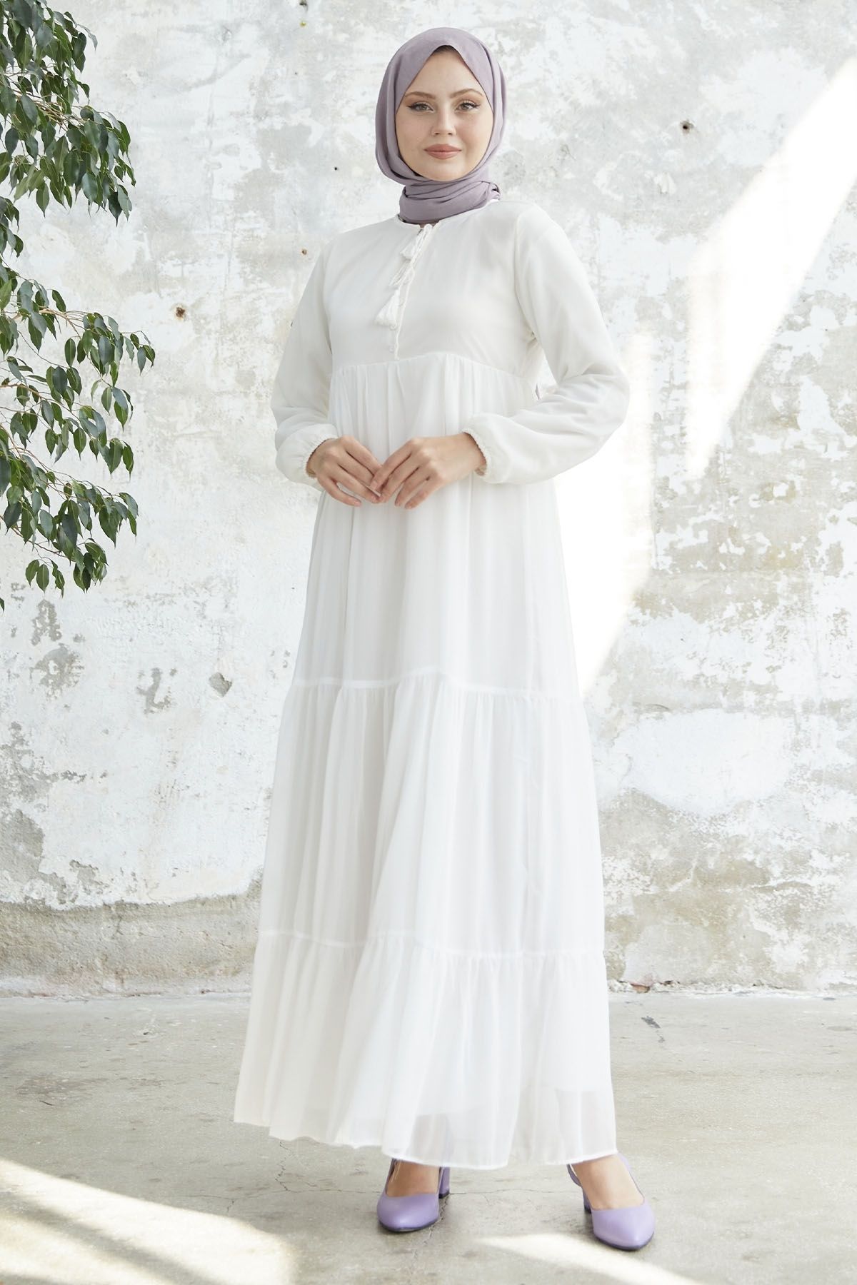 InStyle Yakası Bağcıklı Yoryo Şifon Elbise - Beyaz