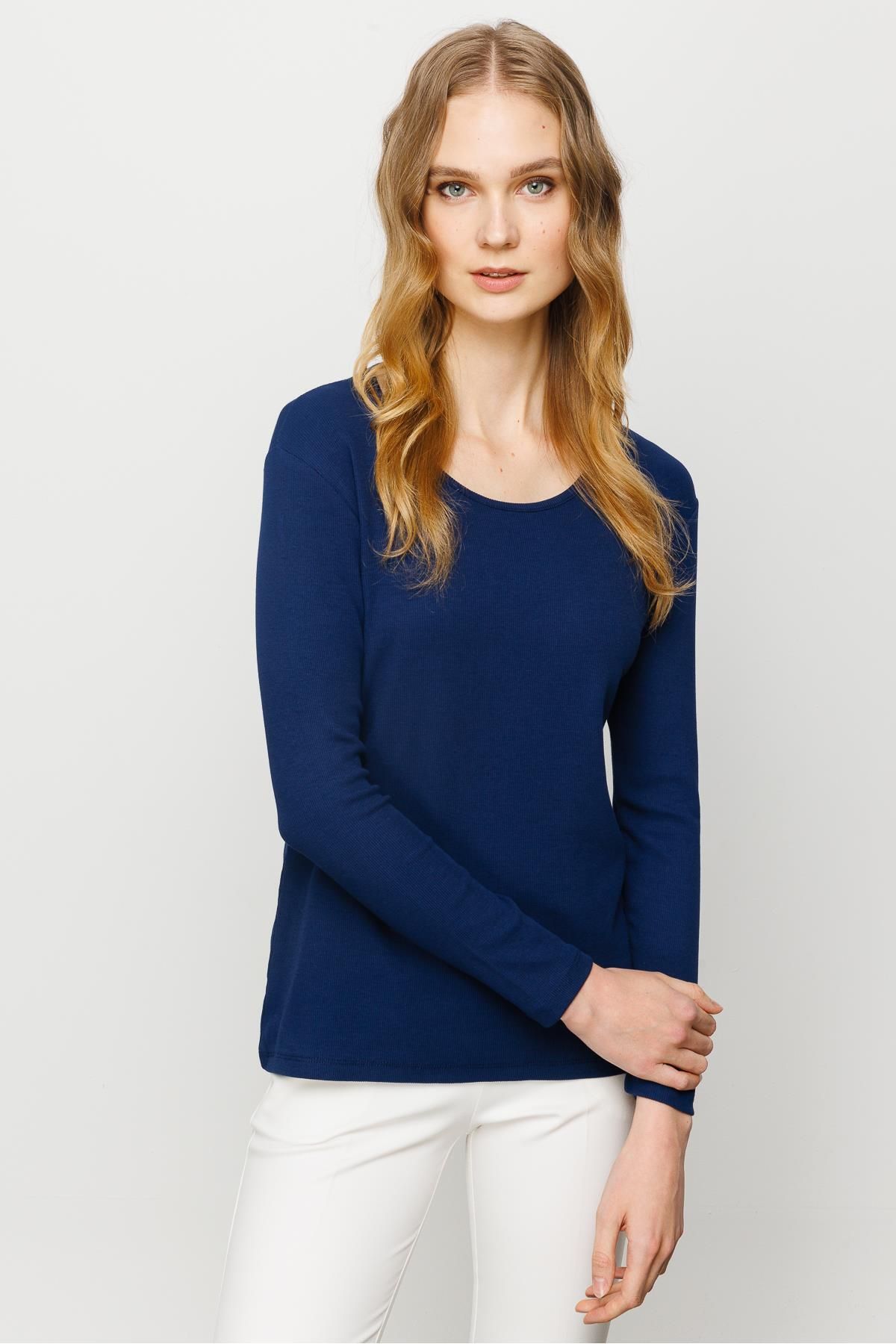 Desen Triko Kadın Sıfır Yaka Uzun Kol Basic Pamuklu Bluz Lacivert
