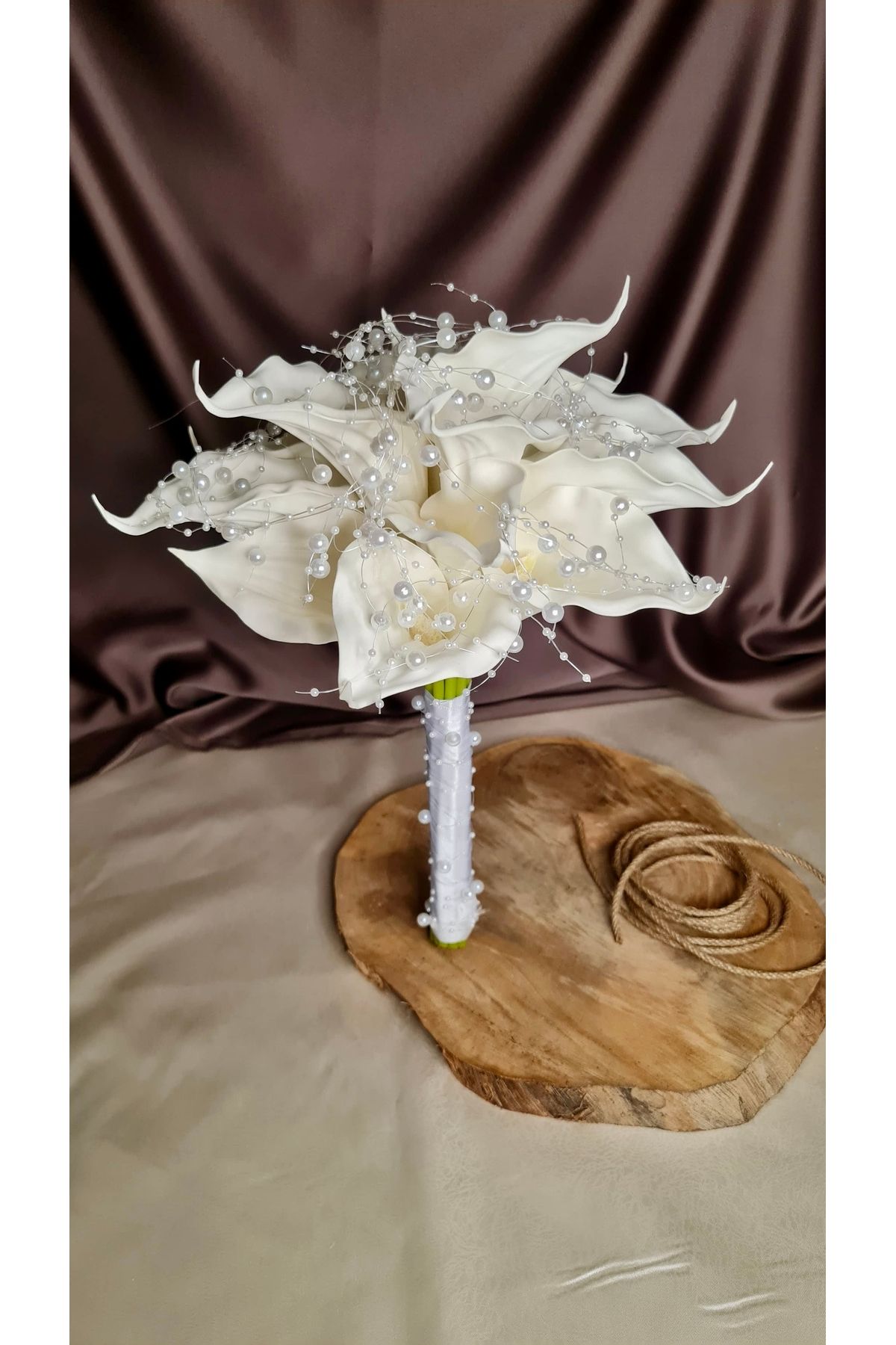 Gooflo Beyaz Kadife Gala Gelin Buket İncili Model Nikah Çiçeği Premium Kalite