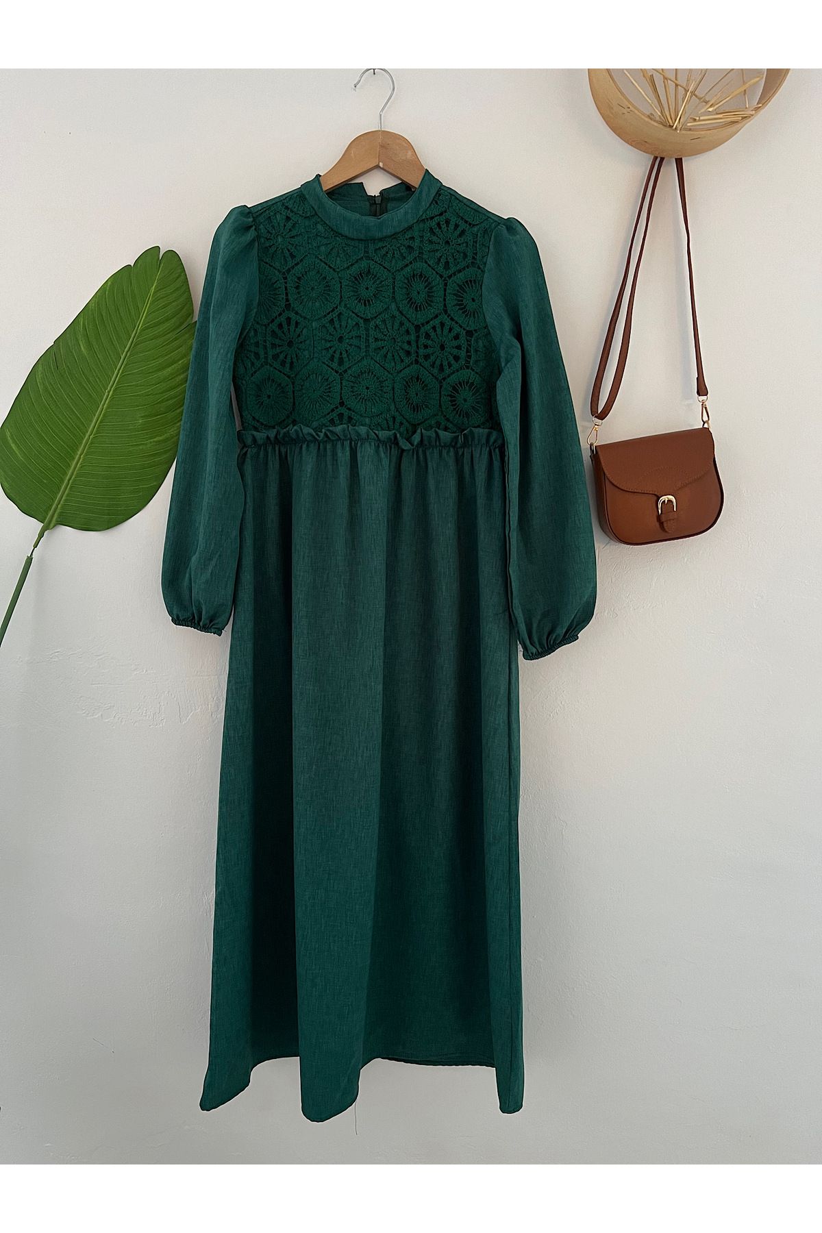 hepsi moda Güpür İşlemeli Keten Elbise - EFL - Koyu Yeşil