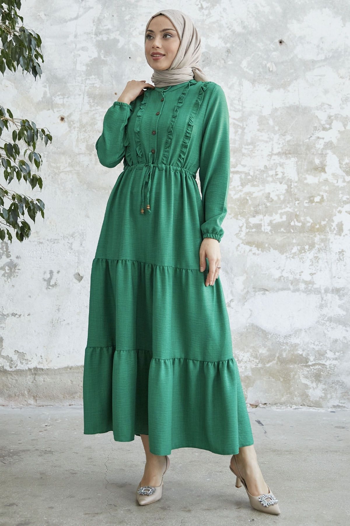 InStyle Fırfırlı Detay Düğmeli Ayrobin Elbise - Yeşil