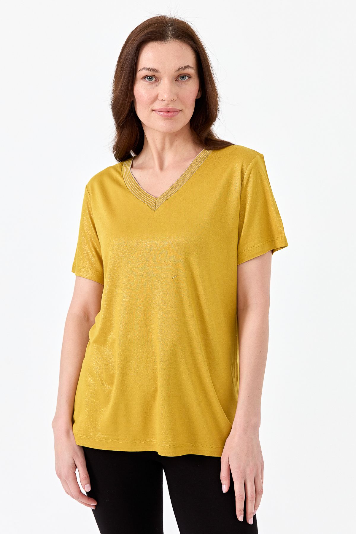 Desen Triko Kadın V Yaka Çizgili Penye T-shirt Sarı