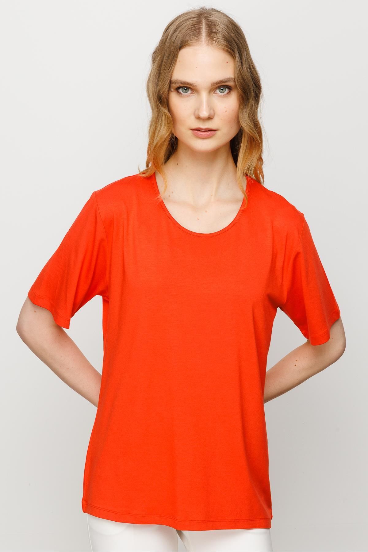 Desen Triko Kadın Sıfır Yaka Basic Penye T-shirt Oranj