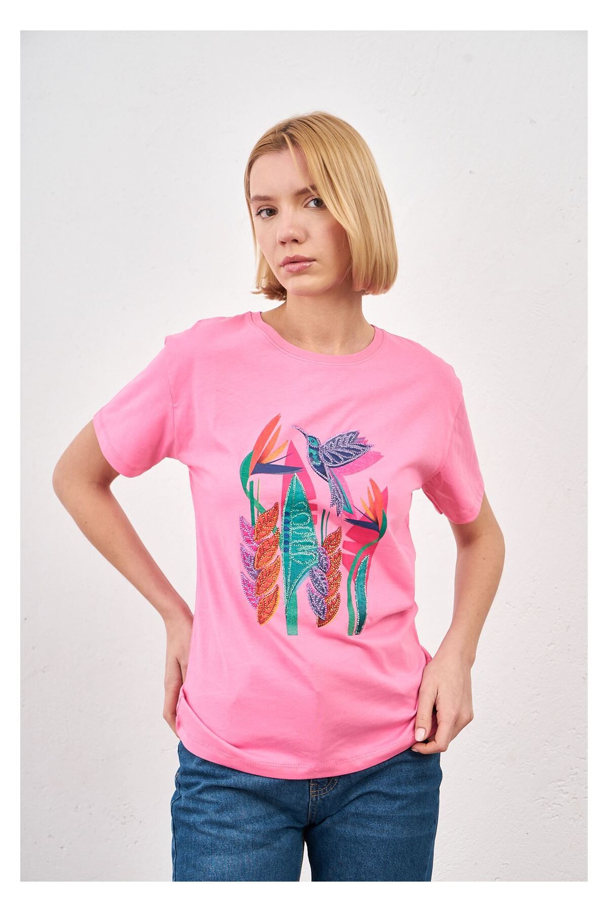 Tiffany Tomato Kuş Baskılı T-shirt-Pembe