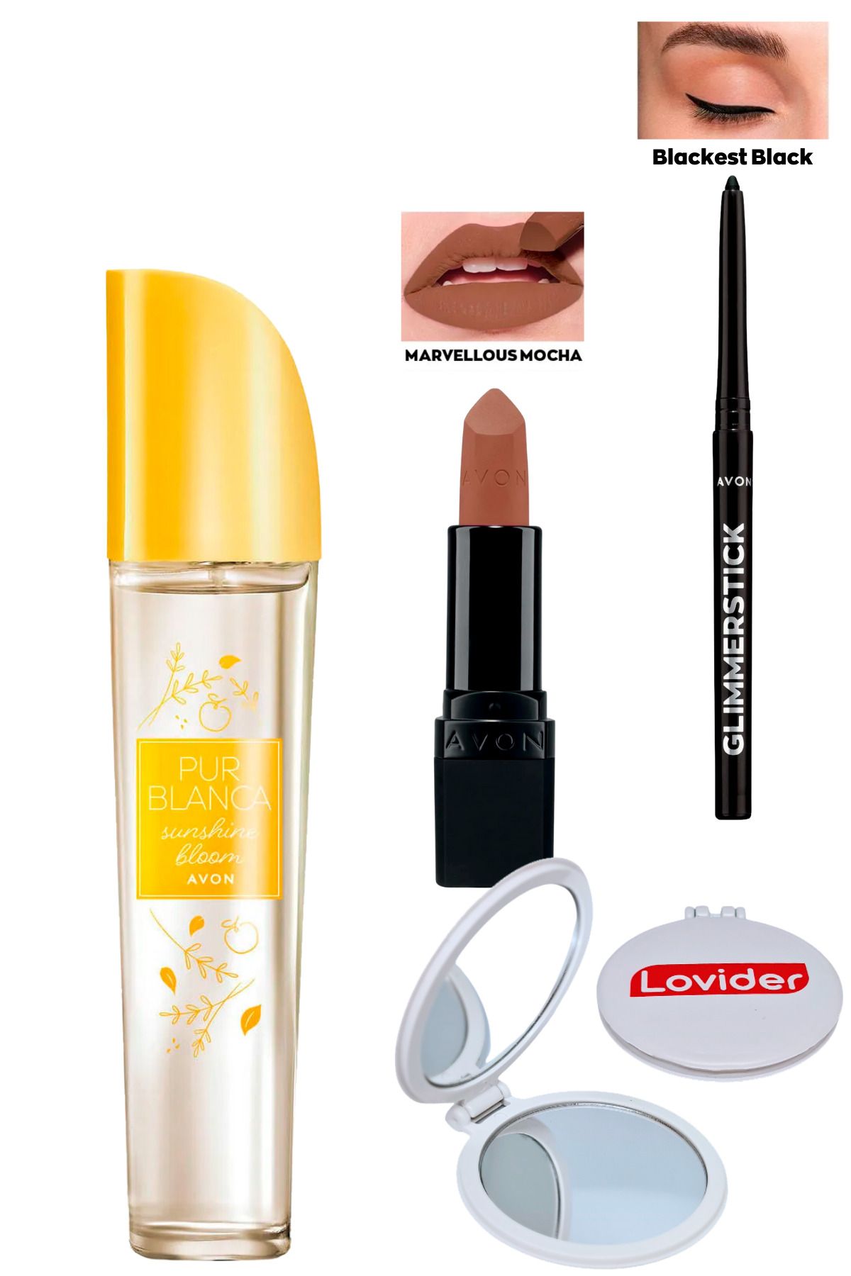 Avon Pur Blanca Sunshine Bloom Kadın Parfüm + Marvellous Mocha Ruj + Siyah Göz Kalemi + Lovider Cep Ayna