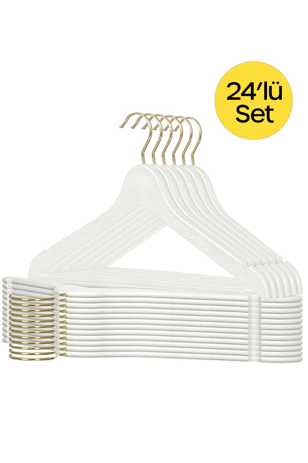 Home 24 Adet Beyaz Ahşap Görünümlü Plastik Askı Kıyafet Elbise Gömlek Askısı Gold Kancalı