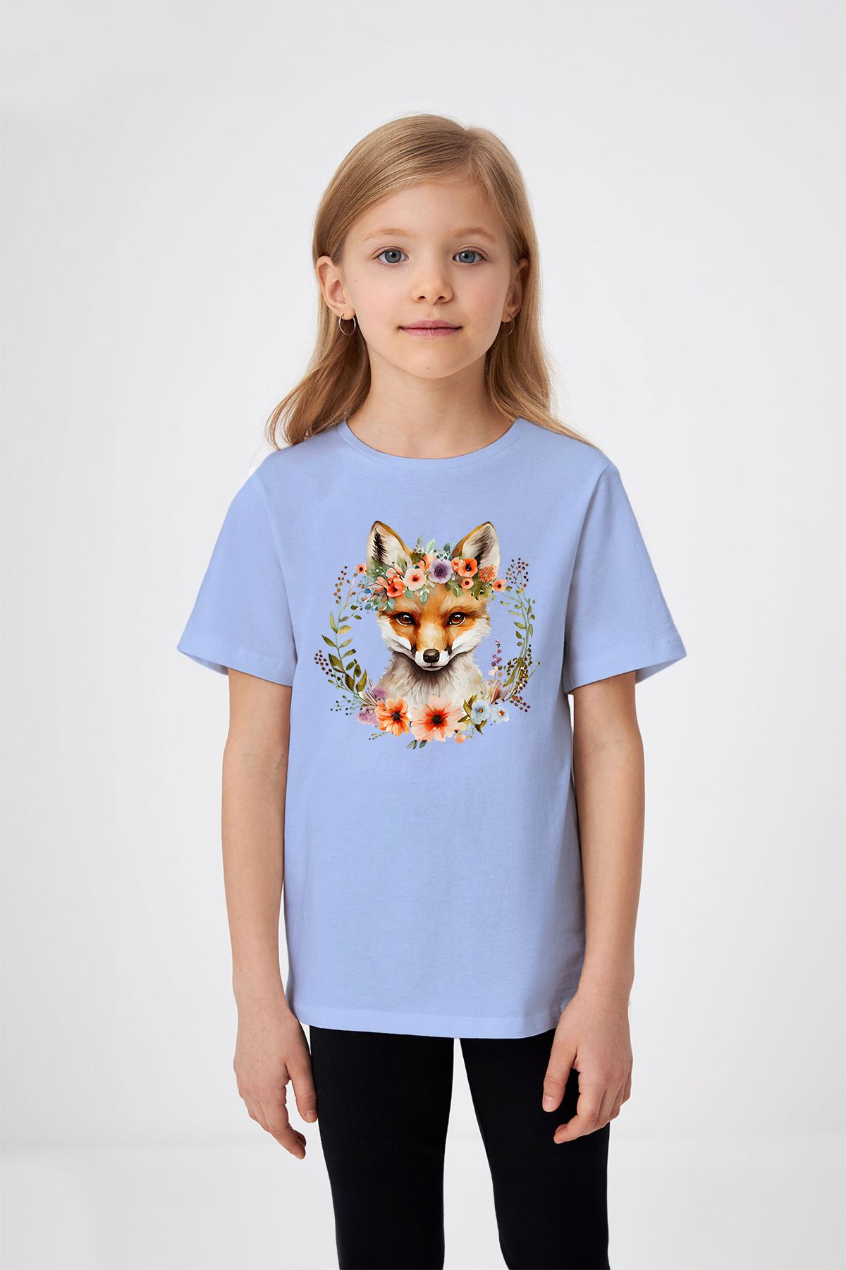 ADABEBEK Taç Detaylı Sevimli Tilki Desenli Kız Çocuk Tişört