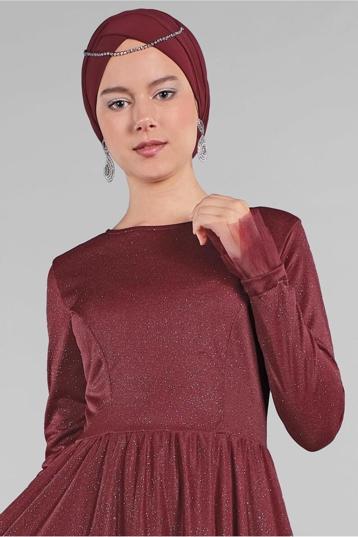 TRENDTESETTÜR KADIN BORDO KEMERLİ ABİYE ELBİSE T 61393