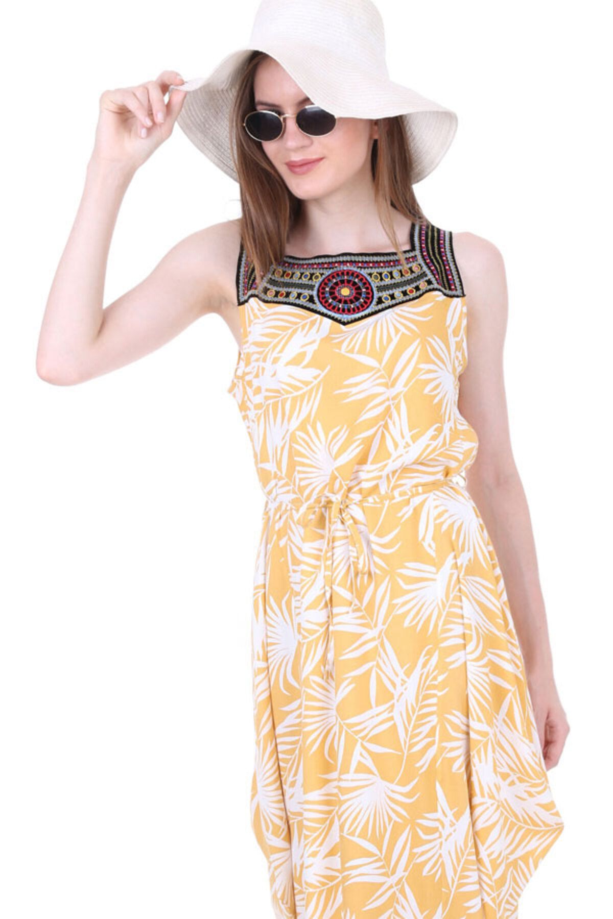 Bigdart 1512 Önü Nakışlı Elbise - Sarı