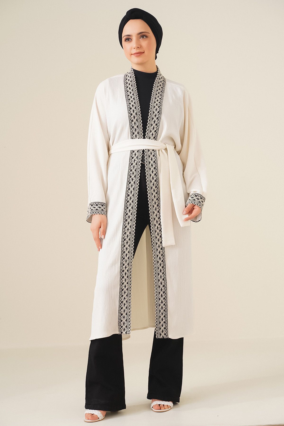 Bigdart 5865 Nakışlı Örme Uzun Kimono - Beyaz