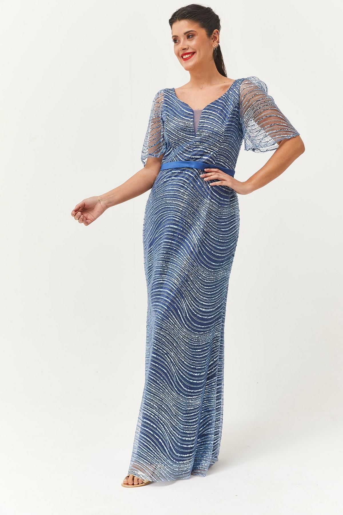 Ebsumu Kadın Büyük Beden Kuşak Detaylı Pullu Uzun Mavi Abiye & Davet Elbisesi